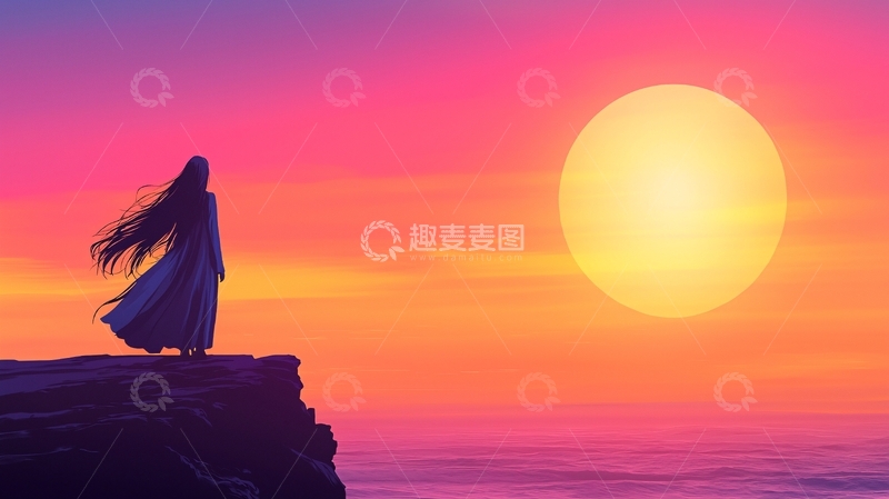 高清大图下载【趣麦麦图】悬崖边孤独的人看日落