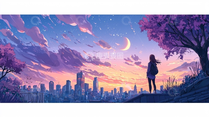 高清大图下载【趣麦麦图】紫粉色星空下的城市剪影