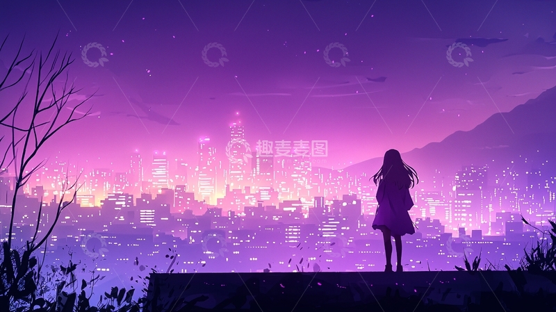 高清大图下载【趣麦麦图】紫色夜空下的女孩剪影