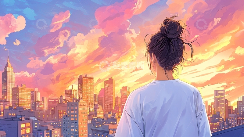 高清大图下载【趣麦麦图】少女仰望城市晚霞