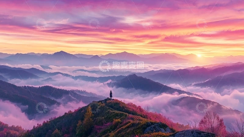 高清大图下载【趣麦麦图】山顶眺望绚丽日出的人