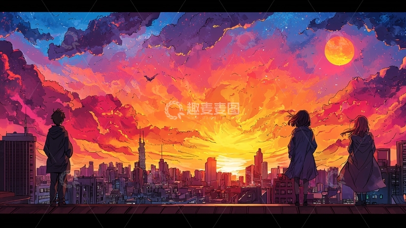 高清大图下载【趣麦麦图】城市日落下的剪影人像