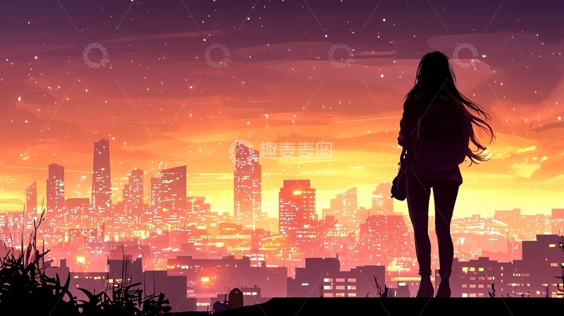 高清大图下载【趣麦麦图】城市夜景下的孤独女孩