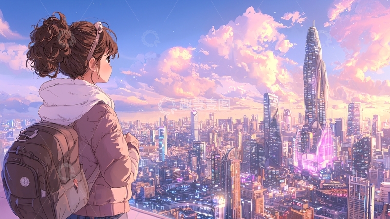 高清大图下载【趣麦麦图】女孩眺望未来城市