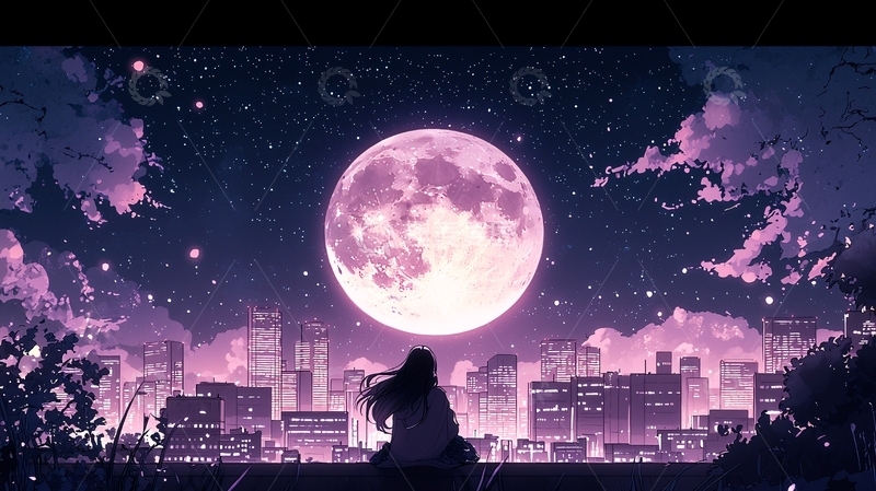 高清大图下载【趣麦麦图】夜晚少女仰望粉色月亮