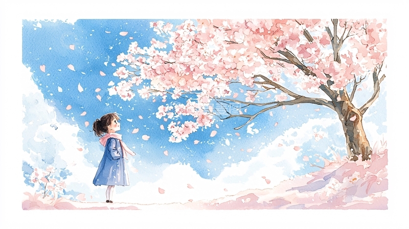 高清大图下载【趣麦麦图】女孩抬头看樱花树