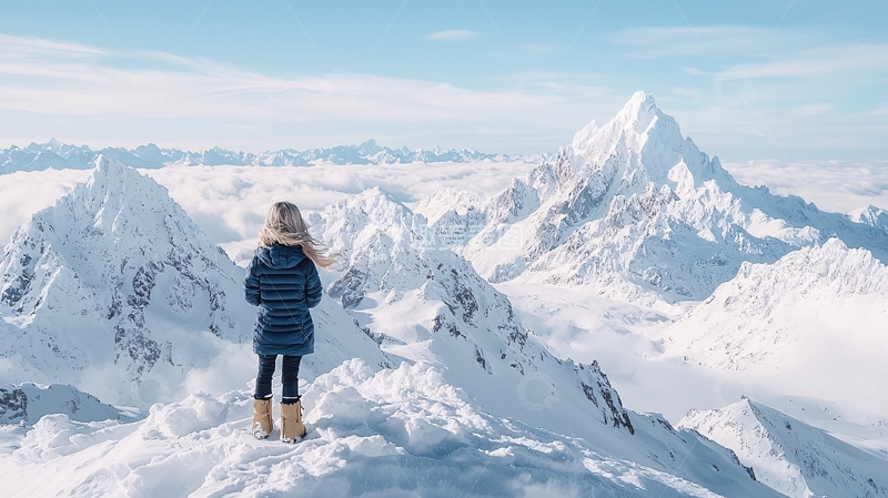高清大图下载【趣麦麦图】雪山远眺的孤独身影