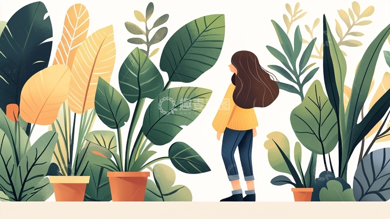 高清大图下载【趣麦麦图】女性与绿色植物的插画