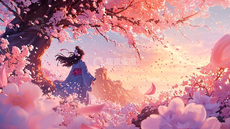 高清大图下载【趣麦麦图】樱花树下女子背影
