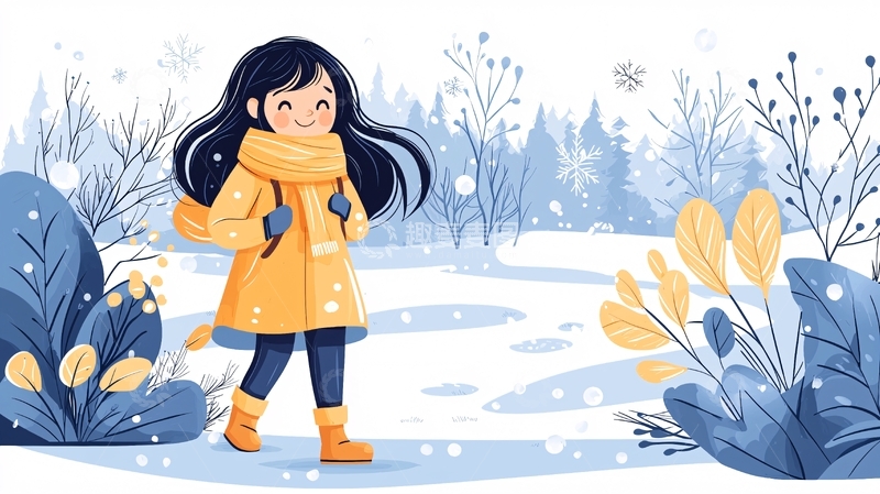 高清大图下载【趣麦麦图】冬季女孩雪地散步