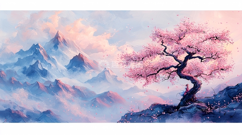 高清大图下载【趣麦麦图】粉色樱花树和蓝色山脉