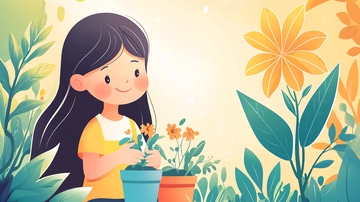 种花女孩的卡通插画