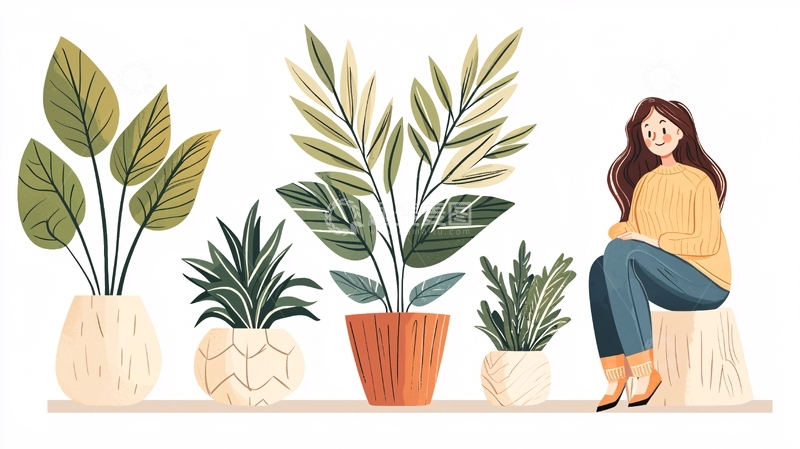 高清大图下载【趣麦麦图】微笑女子与盆栽植物