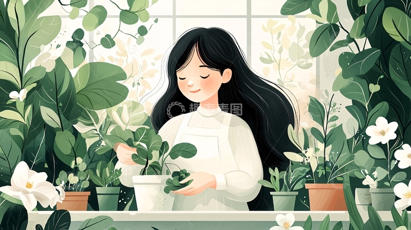 高清大图下载【趣麦麦图】窗边女孩与绿植盆栽