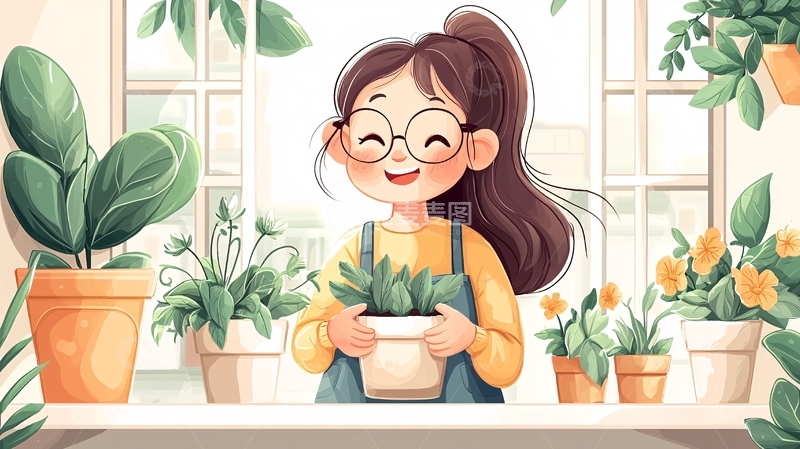高清大图下载【趣麦麦图】卡通女孩与盆栽植物