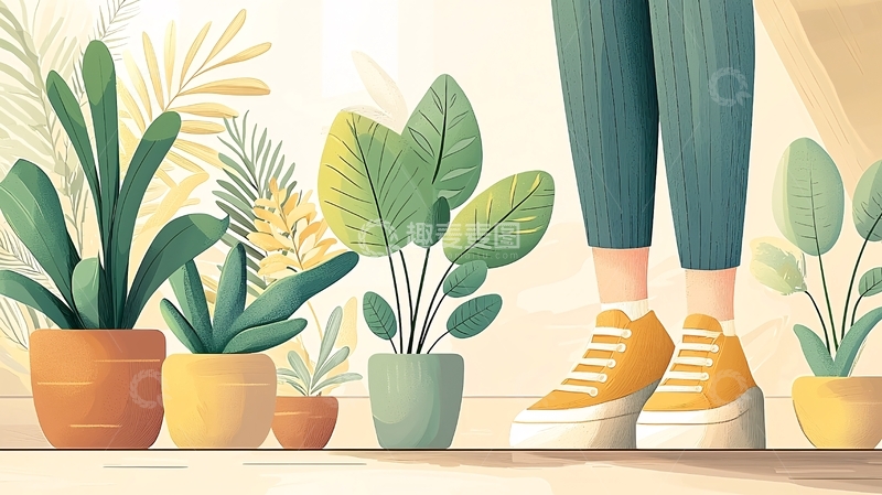 高清大图下载【趣麦麦图】室内植物和人物的插画