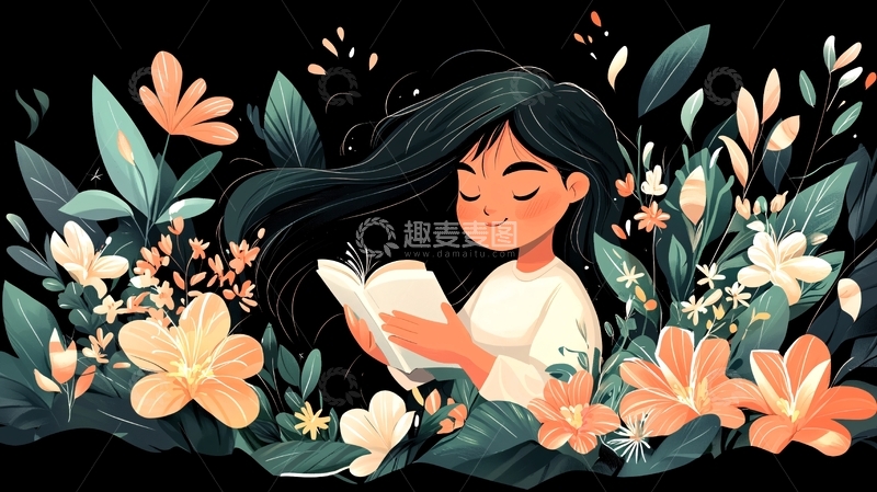 高清大图下载【趣麦麦图】女孩在花丛中读书