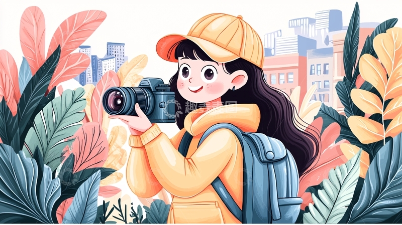 高清大图下载【趣麦麦图】戴帽子女孩拍照的卡通插画