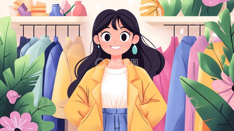 高清大图下载【趣麦麦图】卡通女孩在衣架前微笑