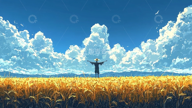 高清大图下载【趣麦麦图】蓝天白云下的金色麦田人物