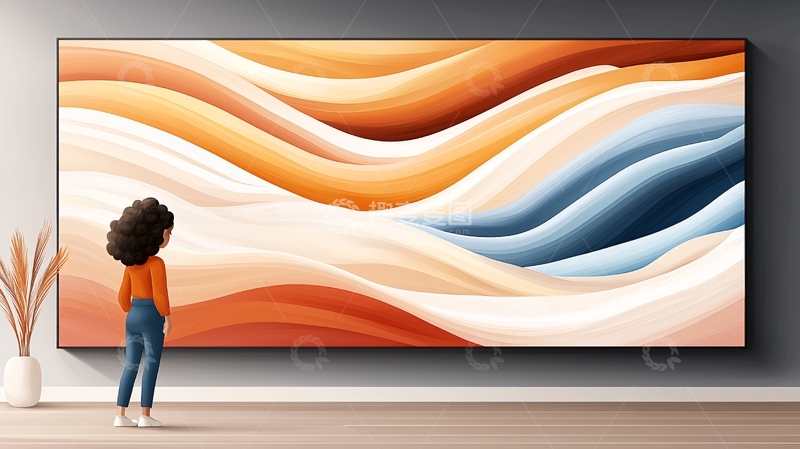 高清大图下载【趣麦麦图】抽象波浪艺术画前的人