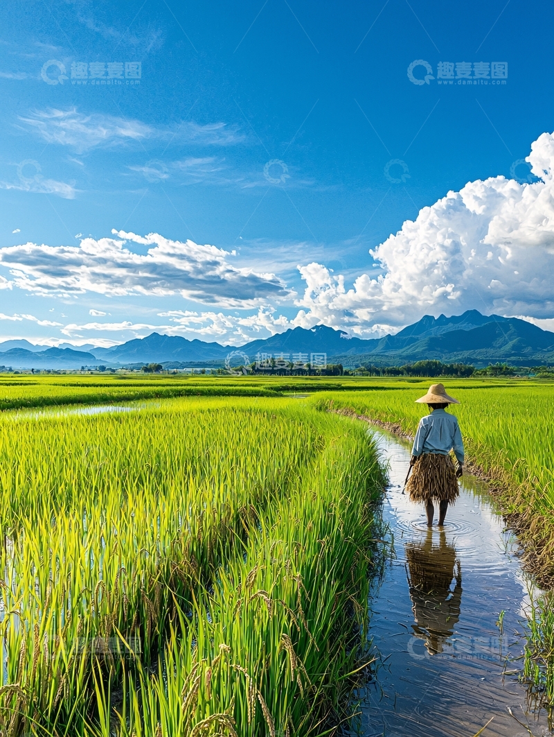 高清大图下载【趣麦麦图】稻田里的农民背影