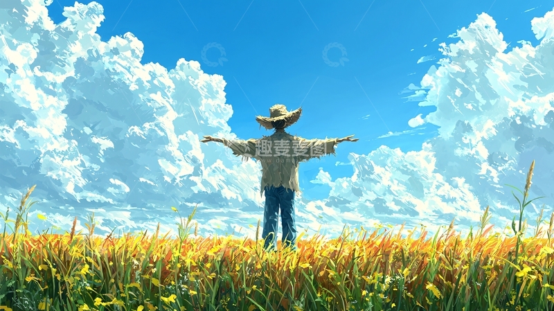 高清大图下载【趣麦麦图】田野里戴草帽的男孩张开双臂