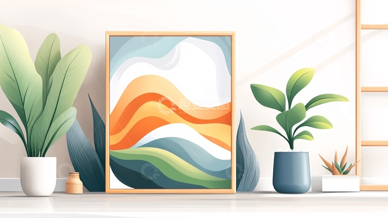 高清大图下载【趣麦麦图】抽象水彩画与绿植