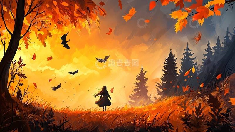 高清大图下载【趣麦麦图】秋日森林里孤独的背影