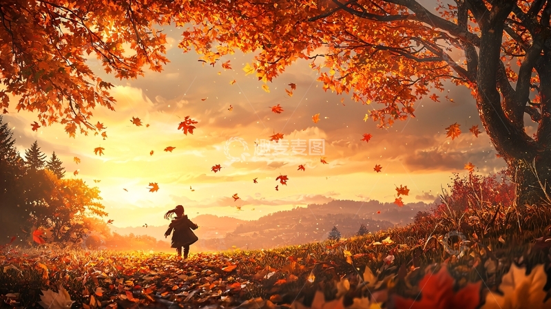 高清大图下载【趣麦麦图】秋日落叶中奔跑的女孩