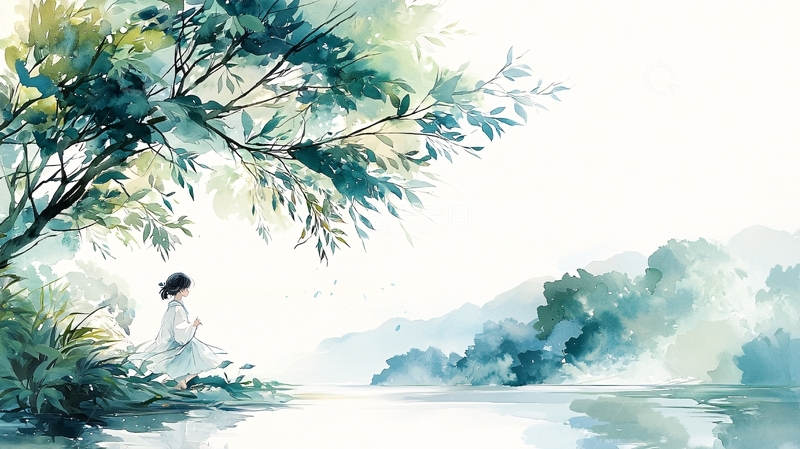 高清大图下载【趣麦麦图】湖边树下女孩背影