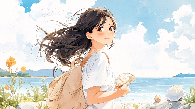 高清大图下载【趣麦麦图】阳光女孩海边散步