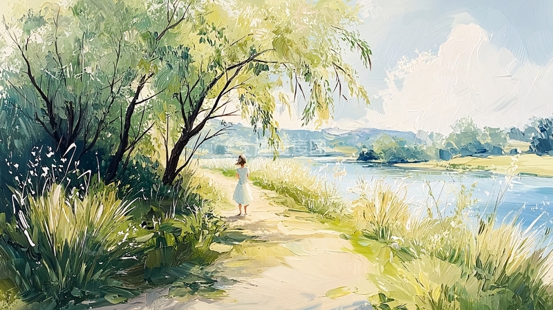 高清大图下载【趣麦麦图】清新河边散步风景画