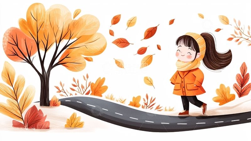 高清大图下载【趣麦麦图】秋天女孩在路上散步