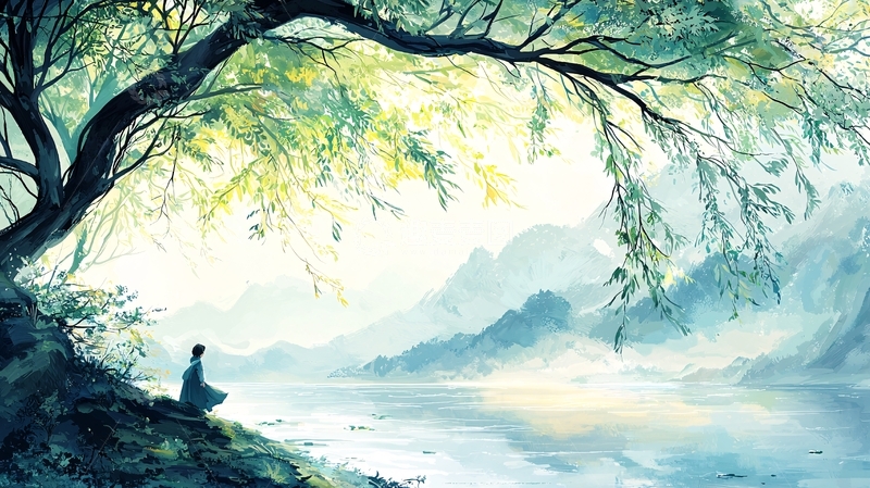 高清大图下载【趣麦麦图】水墨风山水树下的身影