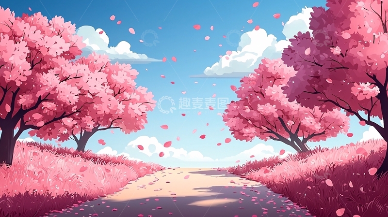 高清大图下载【趣麦麦图】粉色樱花树下的道路