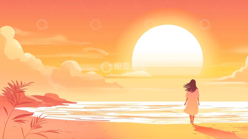 高清大图下载【趣麦麦图】日落海滩的孤独少女