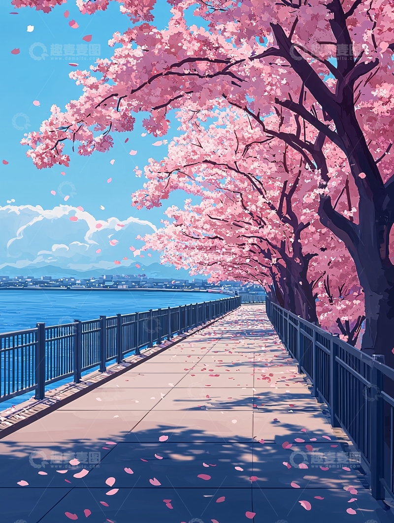 高清大图下载【趣麦麦图】粉色樱花树下的道路