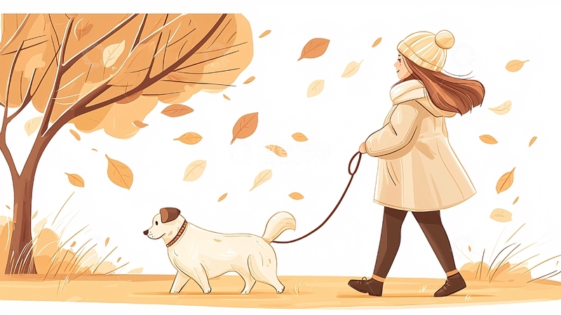 高清大图下载【趣麦麦图】秋日少女遛狗图