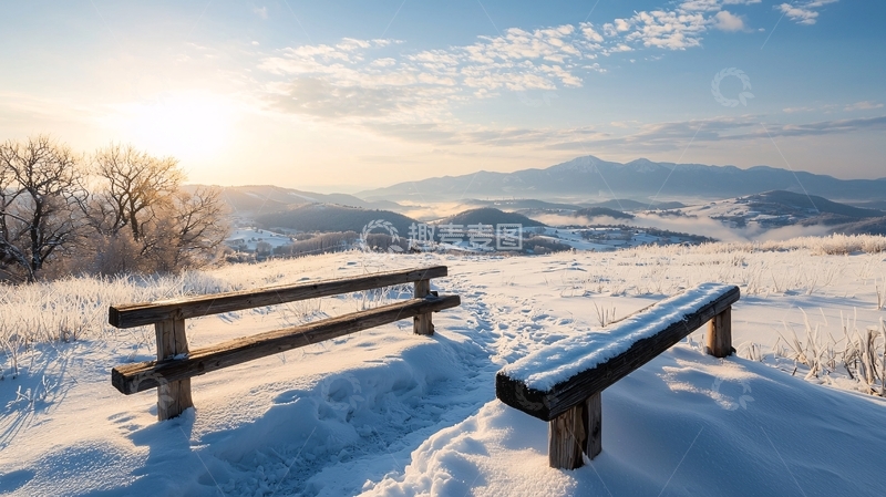 高清大图下载【趣麦麦图】雪地里的长椅