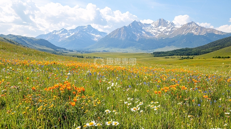 高清大图下载【趣麦麦图】开阔草原雪山蓝天白云
