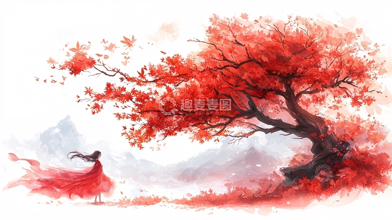 高清大图下载【趣麦麦图】红衣女子站在红叶树下