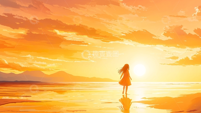 高清大图下载【趣麦麦图】夕阳下海边孤独的少女