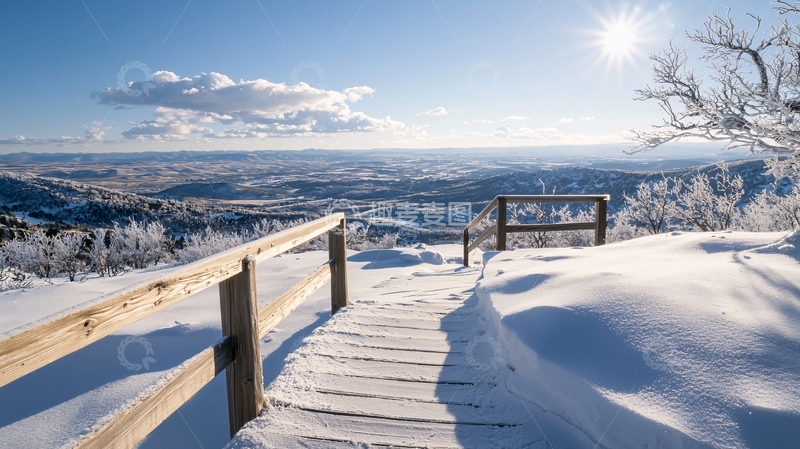 高清大图下载【趣麦麦图】雪山上的木栈道美景