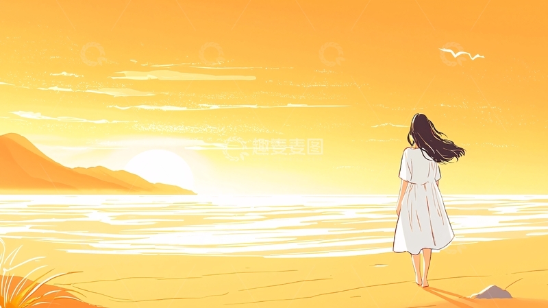 高清大图下载【趣麦麦图】海边背影女孩望向太阳