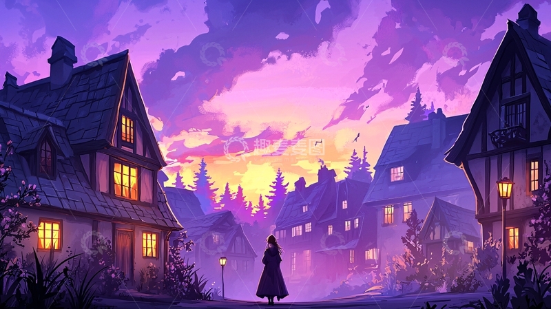 高清大图下载【趣麦麦图】-紫色天空下的宁静村庄