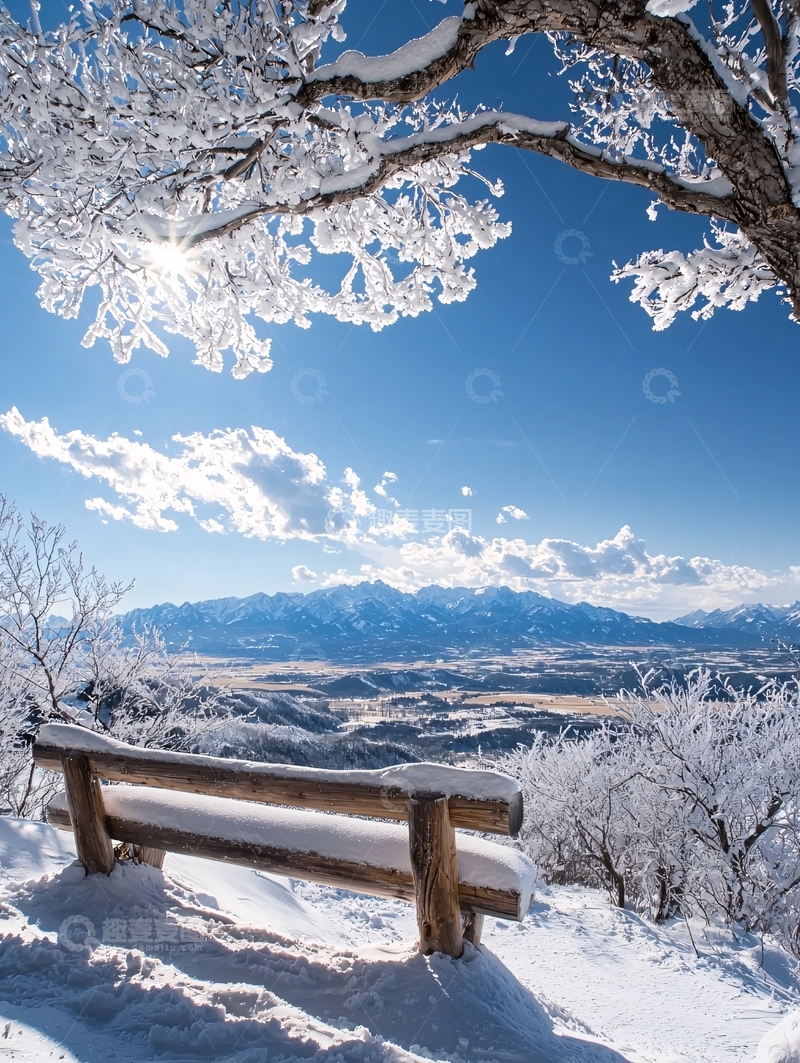 高清大图下载【趣麦麦图】阳光透过冰雪树枝照亮雪景