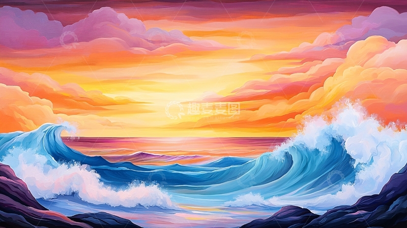 高清大图下载【趣麦麦图】壮丽海景日落油画