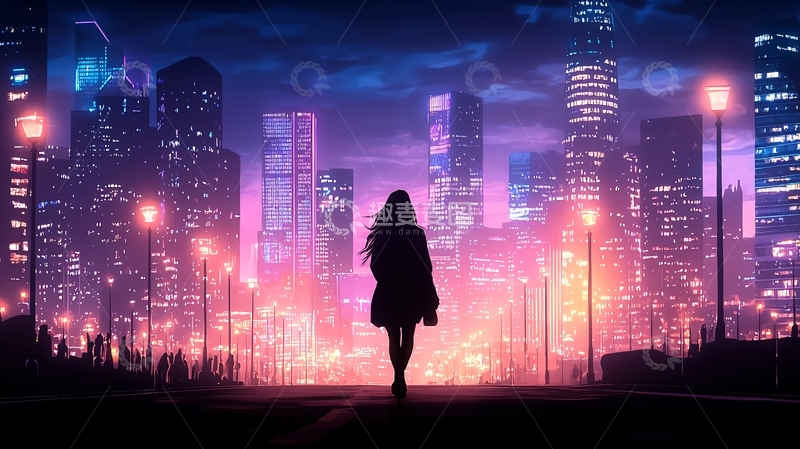 高清大图下载【趣麦麦图】城市夜景下的孤独背影