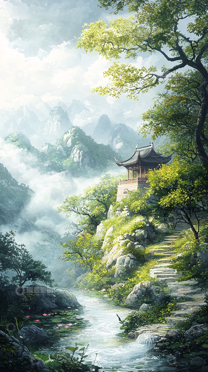 高清大图下载【趣麦麦图】山水幽径古亭图